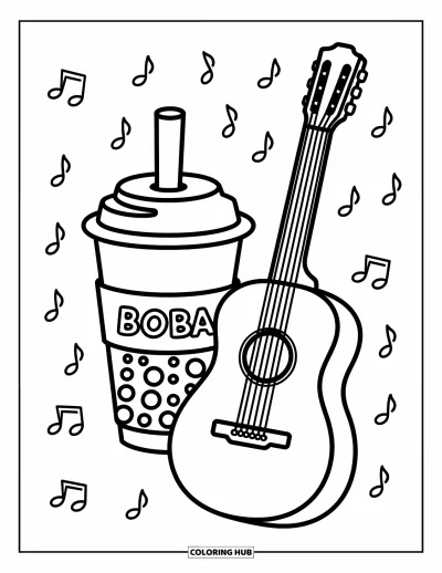 Tegning med bubble tea til børn: En bubble tea-kop står med en guitar, der læner sig op, og legende musiknoder rundt om