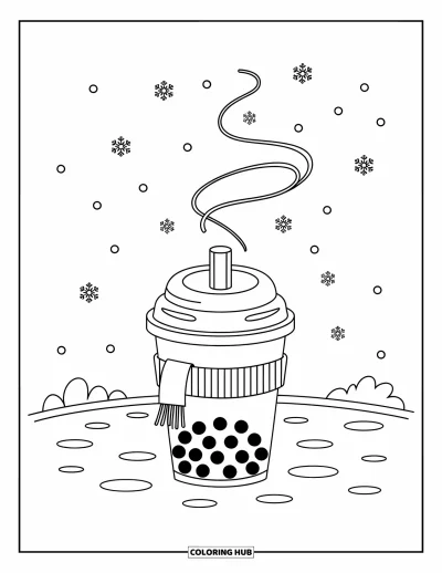 Tegning med bubble tea til børn: En bubble tea-kop med halstørklæde og hue sidder i sneen, mens damp stiger og snefnug falder