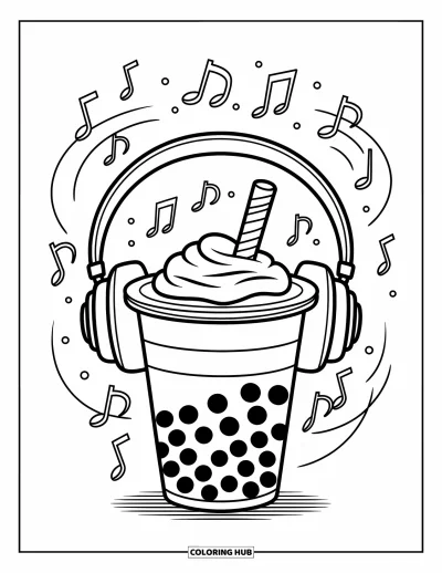 Tegning med bubble tea til børn: En bubble tea-kop med hovedtelefoner og musiknoder, der svirper legende rundt