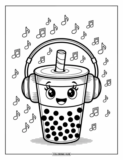 Tegning med bubble tea til børn: En bubble tea-kop med hovedtelefoner, store øjne og svirpende musiknoder
