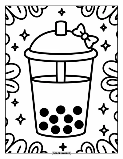Tegning med bubble tea til børn: En bubble tea-kop med en sløjfe på sugerøret og svævende stjerner og skyer