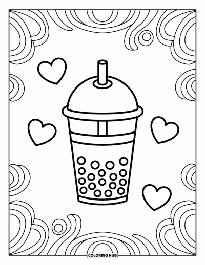 Tegning med bubble tea til børn: En bubble tea-kop med kuppellåg og bredt sugerør står med hjerter svævende rundt