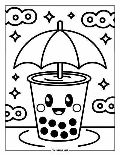 Tegning med bubble tea til børn: En bubble tea-kop med et glad smil holder en lille paraply, omgivet af skyer og stjerner