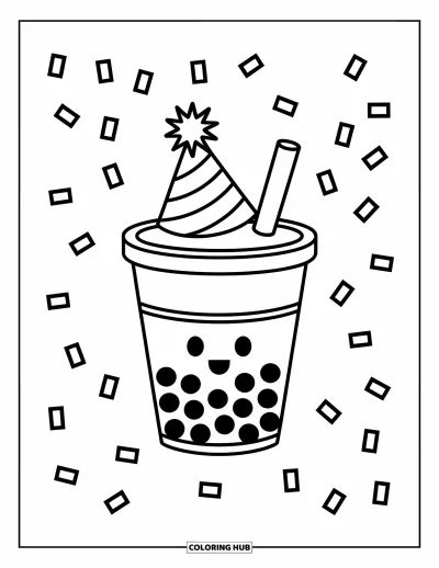 Tegning med bubble tea til børn: En bubble tea-kop med festhat og konfetti skaber en glad, enkel scene