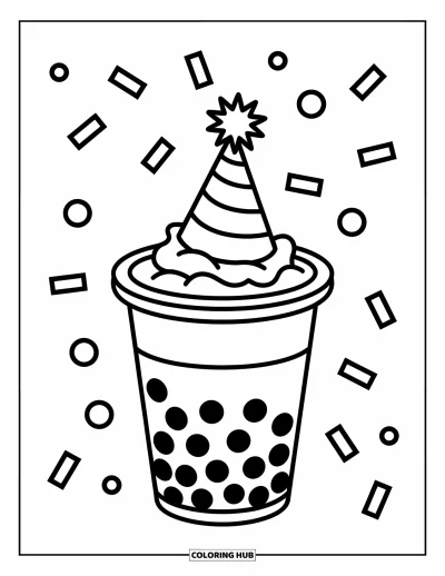 Tegning med bubble tea til børn: En bubble tea-kop med en festhat og svævende konfetti tilføjer fest til scenen