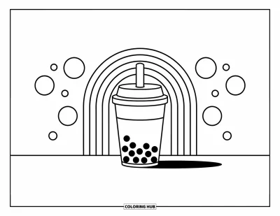 Tegning med bubble tea til børn: En bubble tea-kop med en regnbue og cirkler designet med store, legende felter