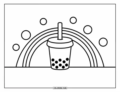 Tegning med bubble tea til børn: En bubble tea-kop med en regnbue og spredte cirkler med store, enkle felter