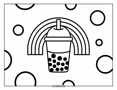 Tegning med bubble tea til børn: En bubble tea-kop med en regnbue og spredte cirkler, omgivet af muntre former