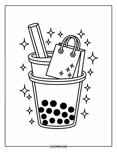 Tegning med bubble tea til børn: En bubble tea-kop med en indkøbspose skiller sig ud med glimt og dynamiske streger