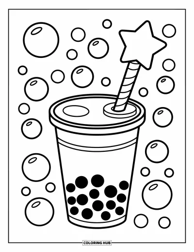 Tegning med bubble tea til børn: En bubble tea-kop med en stjernestav og legende bobler svævende rundt