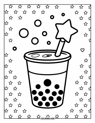 Tegning med bubble tea til børn: En bubble tea-kop med en stjernestav og små stjerner og hjerter rundt om