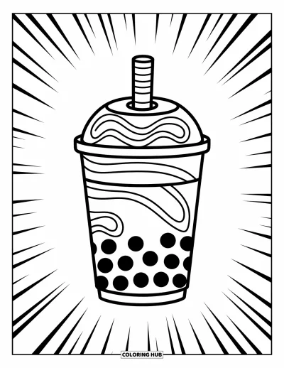 Tegning med bubble tea til børn: En bubble tea-kop med et stribet sugerør og fantasifulde svirp rundt om