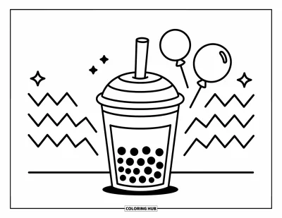 Tegning med bubble tea til børn: En bubble tea-kop med et stribet sugerør foran zigzaglinjer og legende balloner