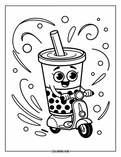 Tegning med bubble tea til børn: En bubble tea-kop med store øjne kører på en løbehjul med fartstreger og dansende cirkler
