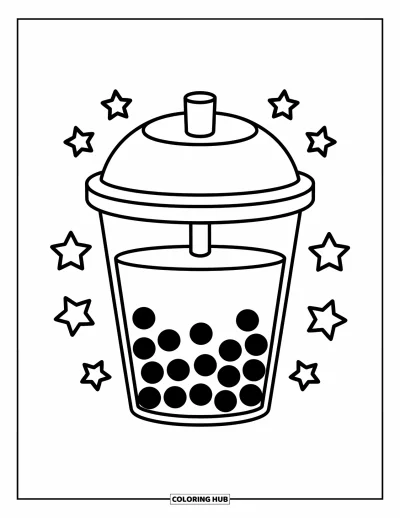 Tegning med bubble tea til børn: En bubble tea-kop med store perler og svævende stjerner skaber en legende scene