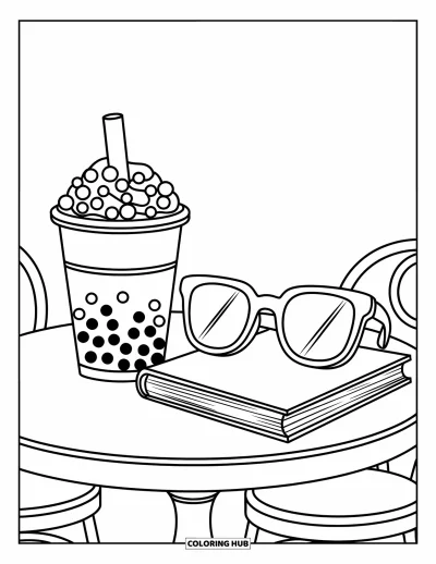 Tegning med bubble tea til børn: En bubble tea-kop med detaljerede perler og solbriller hviler på et cafébord med en bog