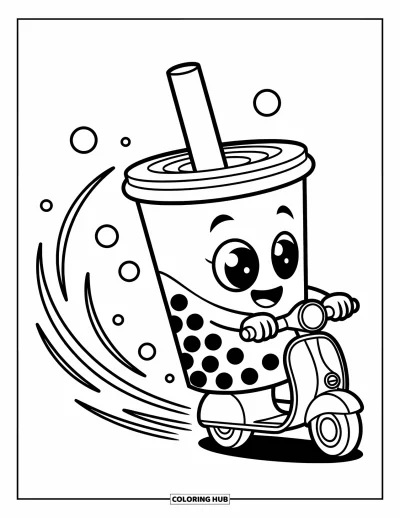 Tegning med bubble tea til børn: En bubble tea-kop med venlige øjne kører på en løbehjul med fartstreger bagved