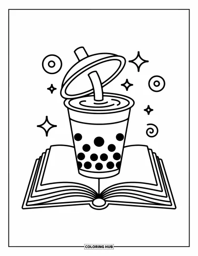 Tegning med bubble tea til børn: En bubble tea-kop med åbent låg læser en bog med legende svirp rundt om