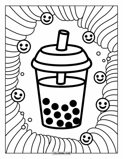 Tegning med bubble tea til børn: En bubble tea-kop med store perler og en sløjfe på sugerøret, omgivet af smilende perler