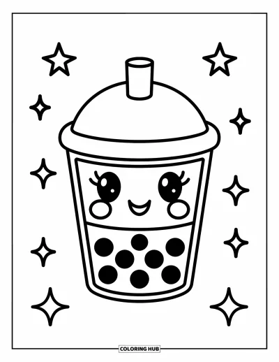 Tegning med bubble tea til børn: En bubble tea-kop med store perler sidder omgivet af små fantasifulde stjerner