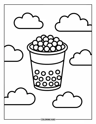 Tegning med bubble tea til børn: En bubble tea-kop med perler i midten og bløde skyer ovenover