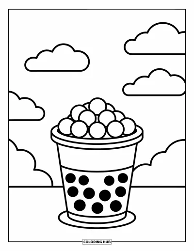 Tegning med bubble tea til børn: En bubble tea-kop med runde perler og tre bløde skyer svævende i nærheden