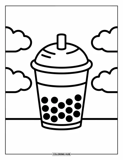 Tegning med bubble tea til børn: En bubble tea-kop med runde perler omgivet af muntre skyer svævende ovenover