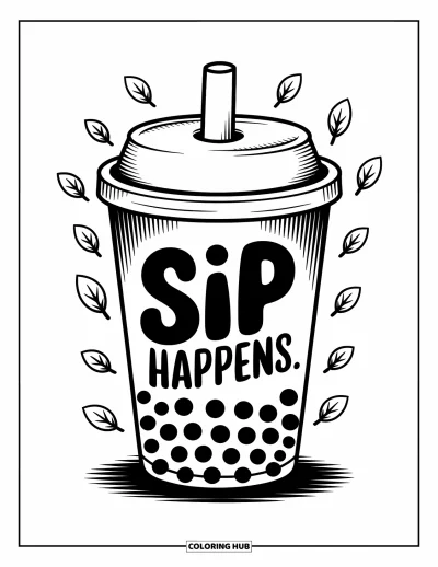 Tegning med bubble tea til børn: En bubble tea-kop med "Sip Happens"-tekst omgivet af legende, svirpende blade