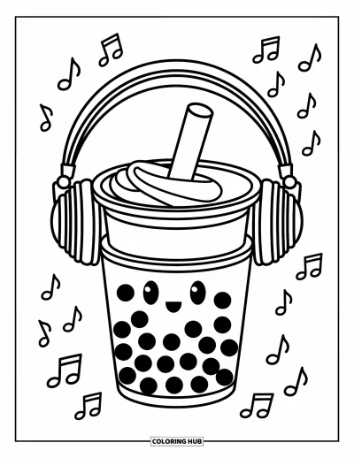 Tegning med bubble tea til børn: En bubble tea-kop med stilfulde hovedtelefoner omgivet af svirpende musiknoder