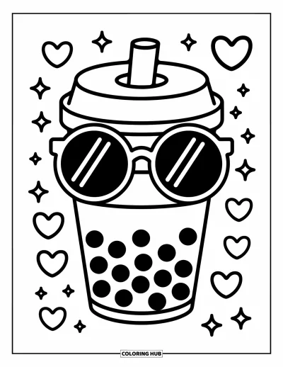 Tegning med bubble tea til børn: En bubble tea-kop med solbriller og hjerteformede bobler og blinkende stjerner rundt om