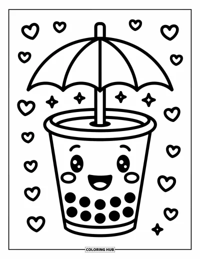 Tegning med bubble tea til børn: En munter bubble tea-kop holder en paraply med spredte hjerter og stjerner