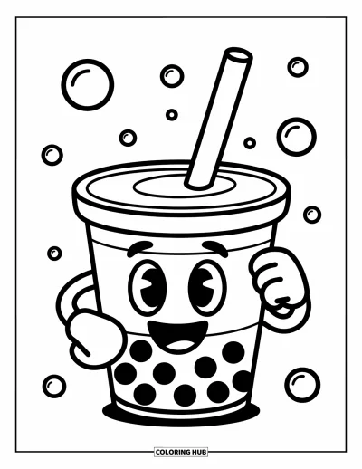 Tegning med bubble tea til børn: En munter bubble tea-kop med store øjne holder et sugerør som en tryllestav med bobler