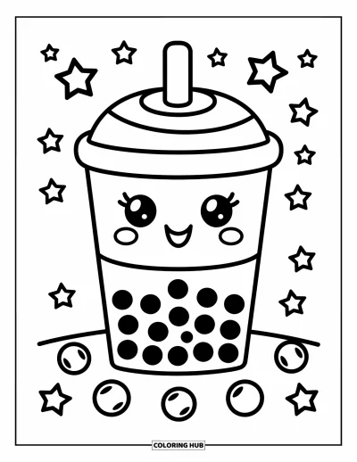 Tegning med bubble tea til børn: En sød bubble tea-kop med store perler omgivet af små svævende stjerner