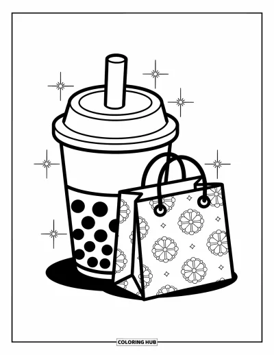 Tegning med bubble tea til børn: En moderigtig bubble tea-kop bærer en indkøbspose omgivet af små glimt