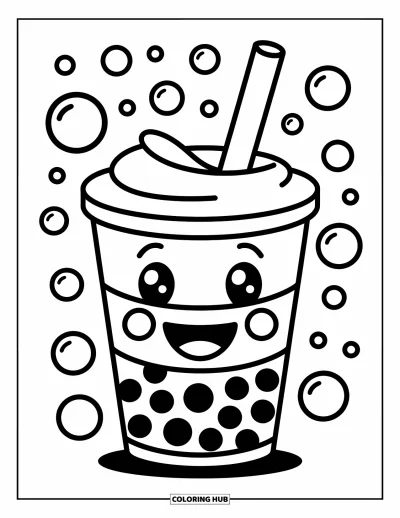Tegning med bubble tea til børn: En glad bubble tea-kop holder et sugerør som en tryllestav, mens bobler svæver rundt