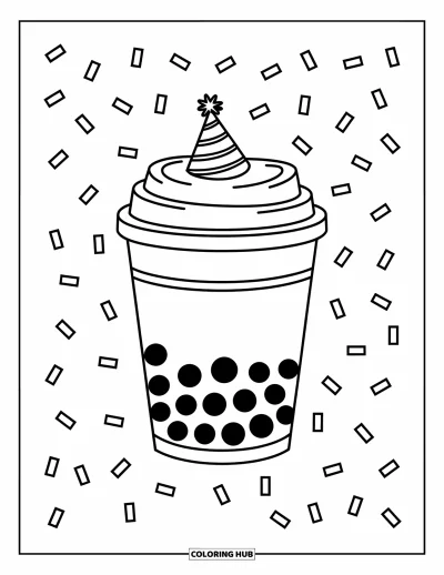 Tegning med bubble tea til børn: En glad bubble tea-kop med festhat står blandt spredt konfetti