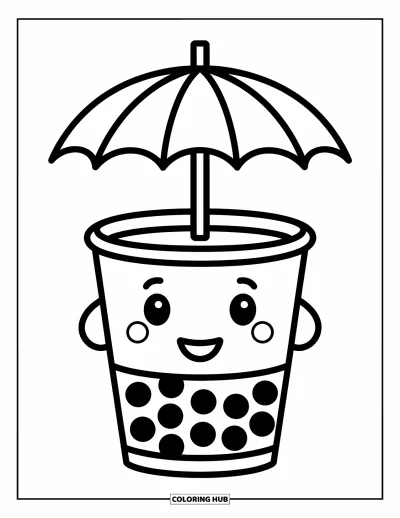 Tegning med bubble tea til børn: En glad bubble tea-kop holder en paraply med fantasifulde skyer og stjerner i nærheden