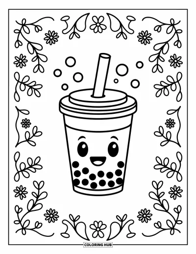 Tegning med bubble tea til børn: En glad bubble tea-kop holder et sugerør, med bobler og bløde blomstermønstre omkring