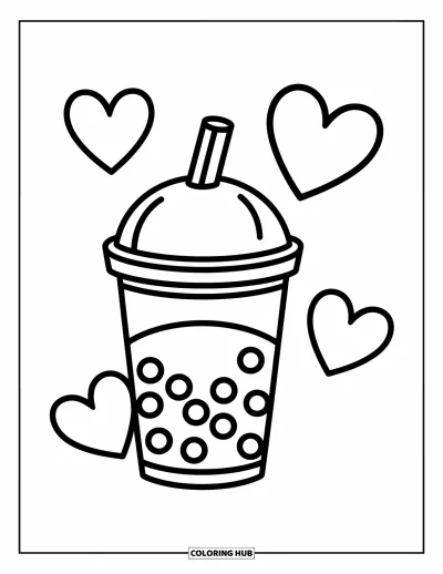 Tegning med bubble tea til børn: En stor bubble tea-kop med kuppellåg og bredt sugerør omgivet af tre hjerter