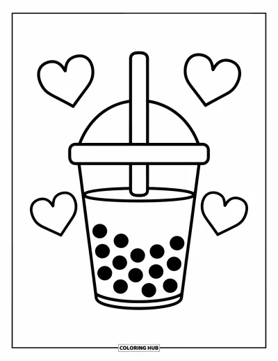 Tegning med bubble tea til børn: En stor bubble tea-kop med kuppellåg og bredt sugerør omgivet af tre hjerter