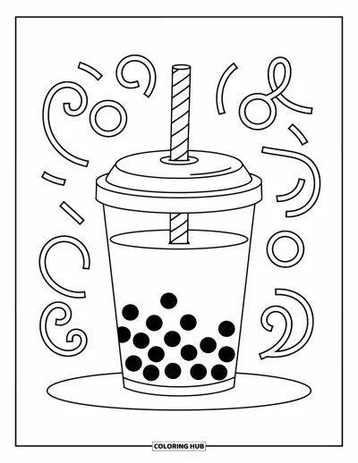 Tegning med bubble tea til børn: En stor bubble tea-kop med et stribet sugerør og legende svirplinjer omkring