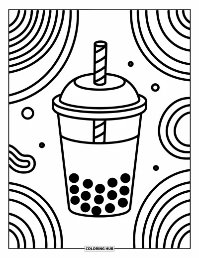 Tegning med bubble tea til børn: En stor bubble tea-kop med et stribet sugerør og svirpende linjer rundt om