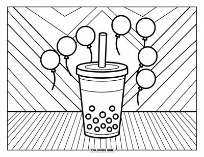 Tegning med bubble tea til børn: En stor bubble tea-kop med legende zigzaglinjer bagved og muntre balloner i luften