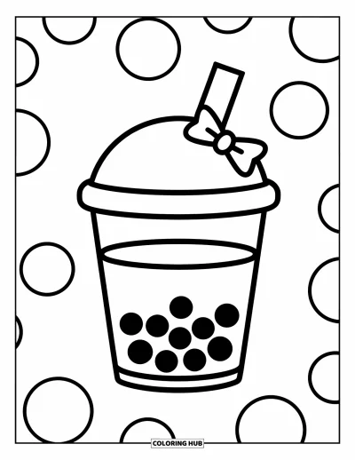 Tegning med bubble tea til børn: En enkel bubble tea-kop med store perler og en sløjfe på sugerøret sidder stille