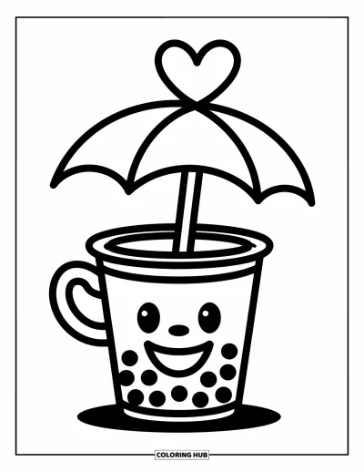Tegning med bubble tea til børn: En smilende bubble tea-kop holder en hjerteformet paraply med legende elementer omkring
