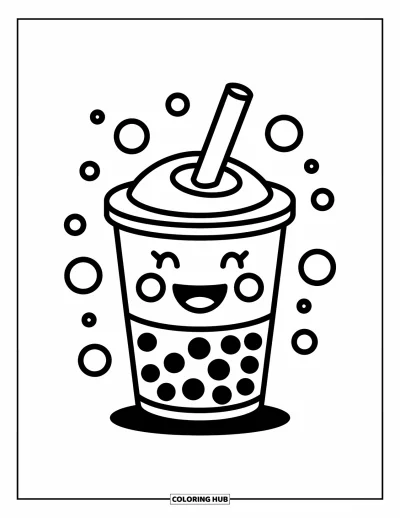 Tegning med bubble tea til børn: En smilende bubble tea-kop holder sit sugerør som en tryllestav, omgivet af legende bobler