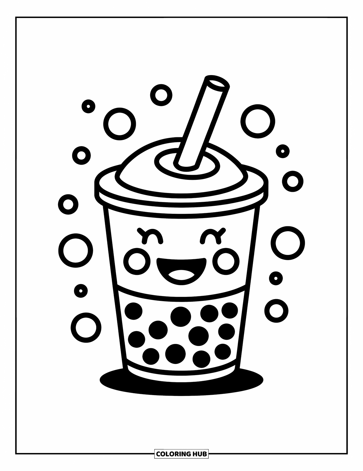 Boba Tea Kleurplaat voor Kinderen: Een lachende boba-beker houdt zijn rietje vast als een toverstaf, omringd door speelse bubbels