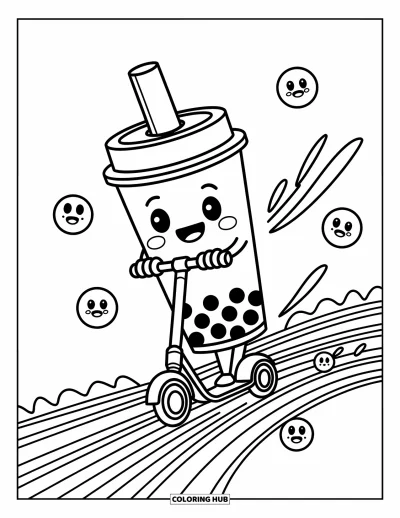 Tegning med bubble tea til børn: En smilende bubble tea-kop kører på en løbehjul langs svirpende linjer og cirkler