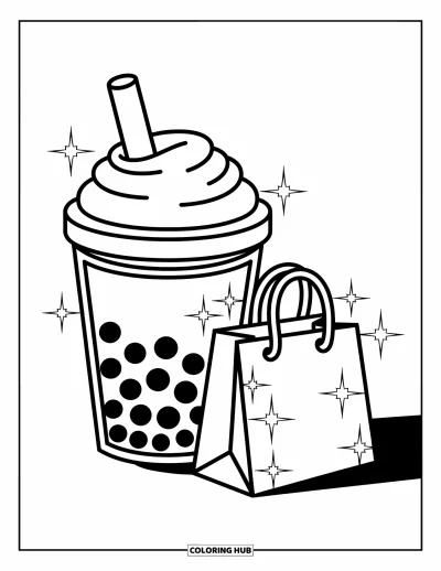 Tegning med bubble tea til børn: En stilfuld bubble tea-kop holder en mini-indkøbspose med glimt og legende mønstre