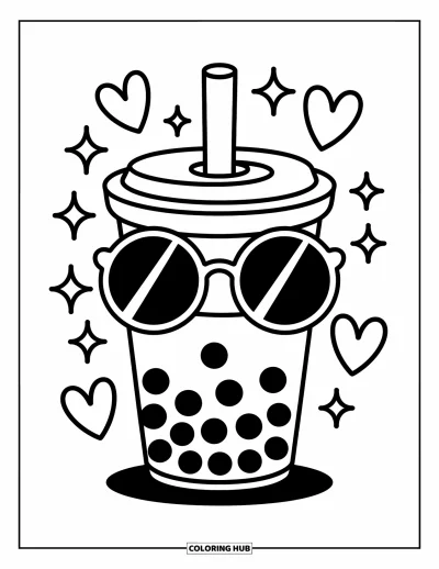 Tegning med bubble tea til børn: En stilfuld bubble tea-kop bærer store solbriller med hjerter og stjerner svævende rundt